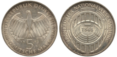 ФРГ 5 МАРОК 1973 G, 125 ЛЕТ ФРАНКФУРТСКОМУ ПАРЛАМЕНТУ KM 137, J. 412 серебро 413-4813