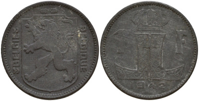 Бельгия 1 франк 1942 Belgique - Belgie, Леопольд III (1934-1947), германская оккупация, Вторая мировая война KM 127 цинк 4161-455