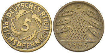 ГЕРМАНИЯ 5 РЕЙХСПФЕННИГОВ 1925 D KM 39, J. 316, Weege 7 алюминиевая бронза 206-812