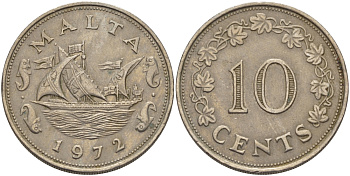 Мальта 10 центов 1972 баржа Великого магистра KM 11 медно-никель 82-426