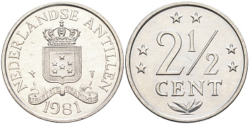 Нидерландские Антилы 2 1/2 цента 1981 Беатрикс (1980-2013) KM 9a алюминий 4177-352