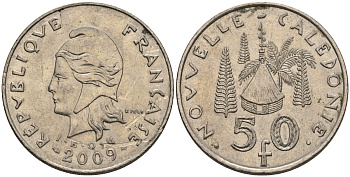 Французская Новая Каледония 50 франков 2009 хижина среди сосен и пальм, (IEOM) KM 13a, Schoen 15a, Lec 128i медно-никель 4111-836