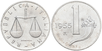 Италия 1 лира 1955 R, весы KM 91 алюминий  UNC  4594-735