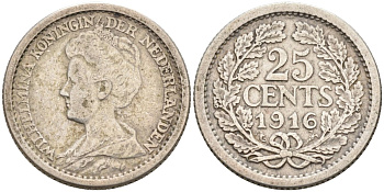 Нидерланды 25 центов 1916 Вильгельмина (1890-1948) KM 146 серебро 4576-756