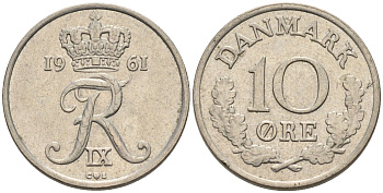 ДАНИЯ 10 ЭРЕ 1961 C; S, ФРЕДЕРИК IX (1947-1972) KM 849.1 медно-никель 4564-1219