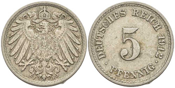 ГЕРМАНИЯ 5 ПФЕННИГОВ 1912 F KM 11, J. 12 медно-никель 105-161