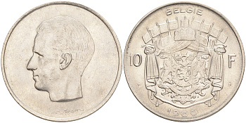 БЕЛЬГИЯ 10 ФРАНКОВ 1969 BELGIE, БОДУЭН I (1951-1993) KM 156.1 никель 4556-647