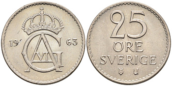 Швеция 25 эре 1963 Густав VI Адольф (1950-1973) KM 836 медно-никель UNC 4585-454