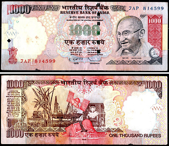 Индия 1000 рупий 2009 Pick 100 n бумага 8595-36-4-2