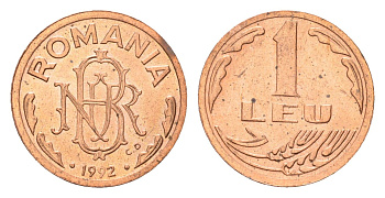 Румыния 1 лей 1992 KM 113 сталь плакированная медью UNC 4564-429
