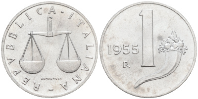 Италия 1 лира 1955 R, весы KM 91 алюминий  UNC  4594-735