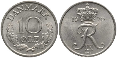 ДАНИЯ 10 ЭРЕ 1970 C; S, ФРЕДЕРИК IX (1947-1972) KM 841.3 медно-никель 116-226