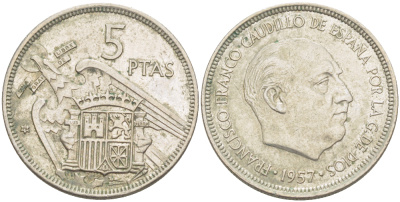 ИСПАНИЯ 5 ПЕСЕТ 1957 (72) ФРАНСИСКО ФРАНКО ДИКТАТОР ИСПАНИИ ( 1939- 1975) KM 786 медно-никель 216-641