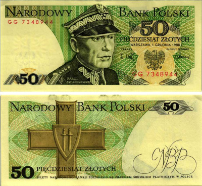 Польша 50 злотых 1988 Кароль Сверчевский, знак Грюнвальдского ордена Pick 142 c бумага аUNC 8607-73-2-1