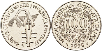 Валютное сообщество стран Западной Африки 100 франков 1990  KM 4 никель  UNC  4595-815