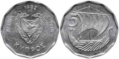 Кипр 5 милей 1982 парусник KM 50.2 алюминий 4576-1221