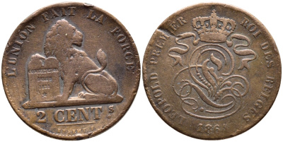 БЕЛЬГИЯ 2 САНТИМА 1864 BELGES KM 4.2 медь 86-645