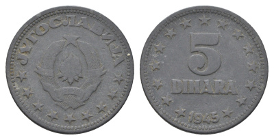Югославия 5 динаров 1945 год-тип KM 28 цинк 4660-516