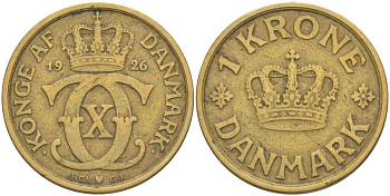 ДАНИЯ 1 КРОНА 1926 HCN; GJ, КРИСТИАН X (1912-1947) KM 824.1 алюминиевая бронза 186-1233