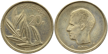 Бельгия 20 франков 1980 Belgique, Бодуэн I (1951-1993) KM 159 никель бронза 23-114