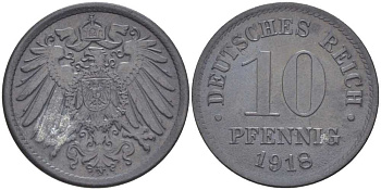 ГЕРМАНИЯ 10 ПФЕННИНГОВ 1918 KM 26, J.299, Weege 8 цинк 202-213