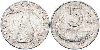 Италия 5 лир 1954 R, дельфин, руль KM 92 алюминий 4567-717