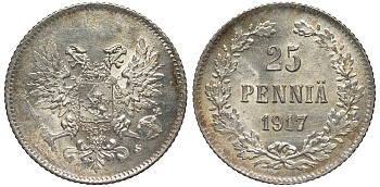 Россия для Финляндии 25 пенни 1917 S, временное правительство, без короны KM 19, Биткин 2 серебро 75-1459