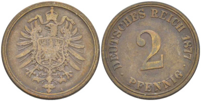 ГЕРМАНИЯ 2 ПФЕННИГА 1877 A, СТАРОГЕРБОВКА KM 2, J. 2, Weege 3 медь 212-723