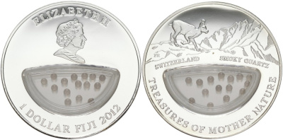 Фиджи 1 доллар 2012 серия Сокровища матери-природы, дымчатый кварц, в коробке, с сертификатом KM 453 серебро PROOF 1-4-3-04