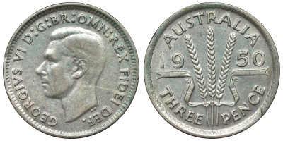 Австралия 3 пенса 1950 m, Георг VI (1937-1952), без букв KM 44 серебро 71-256
