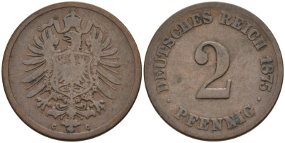 Германия 2 пфеннига 1875 C, старогербовка KM 2, J. 2 медь 4575-642
