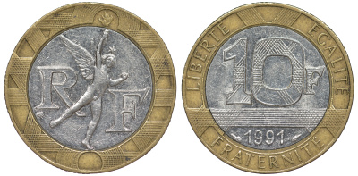 Франция 10 франков 1991 тип гений Бастилии KM 964.1, Le Frank 375.6 биметалл 45-835