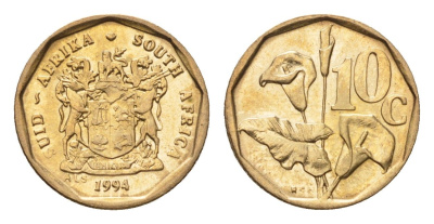 ЮАР 10 центов 1994 герб, цветок алоэ KM 135 сталь плакированная бронзой UNC 4694-712
