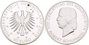 ФРГ 10 евро 2010 J, 200 лет со дня рождения Роберта Шумана KM 288, DE.S. 10.45 серебро PROOF 1520-733