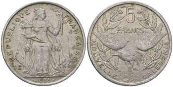 Французская Новая Каледония 5 франков 1983 птица кагу, (IEOM) KM 16, Schoen 12, Lec 75 алюминий 180-433