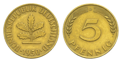 ФРГ 5 пфеннигов 1950 D KM 107, J. 382 сталь плакированная латунью 4164-216
