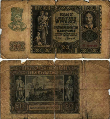 Польша 20 злотых 1940 Эмилия Плятер, королевский замок в Вавеле, Краков Pick 95, Розенберг 575 бумага 8607-65-2