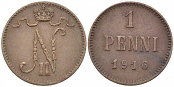 РОССИЯ ДЛЯ ФИНЛЯНДИИ 1 ПЕННИ 1916 НИКОЛАЙ II (1895-1917) KM 13, Биткин 476 медь 211-1057