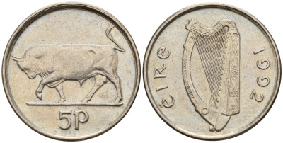 Ирландия 5 пенсов 1992 бык KM 28 медно-никель 4174-851