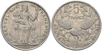 Французская Новая Каледония 5 франков 1983 птица кагу, (IEOM) KM 16, Schoen 12, Lec 75 алюминий 180-414