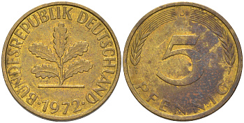 ФРГ 5 пфеннигов 1972 J KM 107, J. 382 сталь плакированная латунью 4514-744