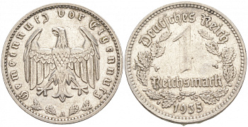 ГЕРМАНИЯ 1 РЕЙХСМАРКА 1935 A J. 354, KM 78 никель 73-1053