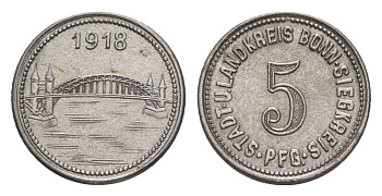 Бонн 5 пфеннигов 1918 Funck 52.3, Men05 3224.1, Men18 4139.1 железо 4636-1042