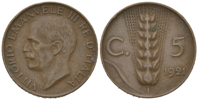 Италия 5 чентезимо 1921 R, Виктор Эммануил III (1900-1946) KM 59 бронза 4615-617