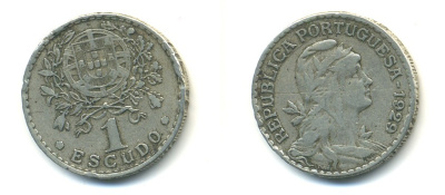ПОРТУГАЛИЯ 1 ЭСКУДО 1929 ГОЛОВА СВОБОДЫ ВПРАВО KM 578 медно-никель 176-115