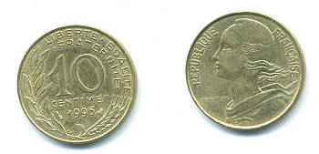 ФРАНЦИЯ 10 САНТИМОВ 1996 ТИП MARIANNE KM 929 медь алюминий никель 84-1647