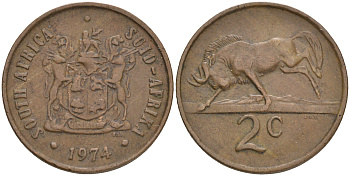 ЮАР 2 цента 1974 герб, антилопа гну KM 83 бронза 4561-716