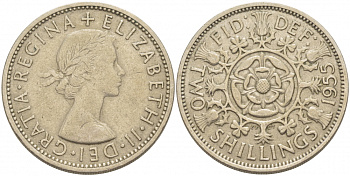 Великобритания 2 шиллинга (флорин) 1955 Елизавета II (1952-2022) KM 906, Spink 4146 медно-никель 4403-244