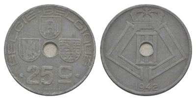 Бельгия 25 сантимов 1942 Belgie - Belgique, Леопольд III (1934-1947), германская оккупация, Вторая мировая война KM 132 цинк 4619-843
