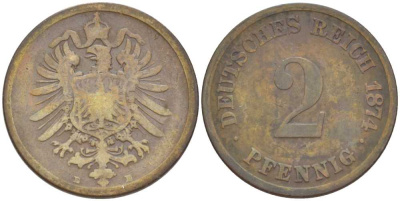 ГЕРМАНИЯ 2 ПФЕННИГА 1874 E, СТАРОГЕРБОВКА KM 2, J. 2, Weege 3 медь 212-447